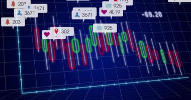 Şebeke görünümü, sosyal simgeler ortaya çıkarken 3D çubukların yükselip düşmesini tetikliyor. Futuristik, veri görselleştirme, analitik, dijital arayüz, başarı, büyüme, teknoloji