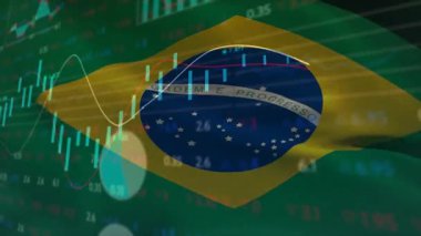 Brezilya bayrağı dalgalandığında, şamdanlar yükseliyor ve piyasa eğilimlerini görselleştiriyor. Vatansever, finansal, dijital, yatırım, analitik, veri, sembolizm
