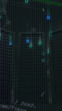 Sunucu odasında dijital veri işleme animasyonu. Dijital olarak oluşturulmuş küresel bağlantılar, veri işleme ve dijital arayüz kavramı.