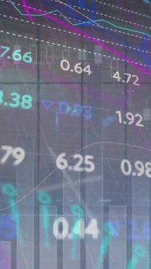 Animation of scope scanning with financial data processing over cityscape. Global business, finances and digital interface concept digitally generated video.