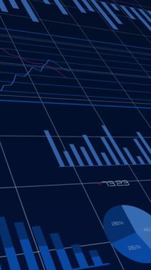 Karanlık arka planda finansal veri işleme sisteminin animasyonu. Küresel iş, finans, hesaplama ve veri işleme kavramı dijital olarak oluşturulmuş video.