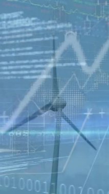 Rüzgar türbini üzerinde finansal veri işleme animasyonu. Küresel teknoloji, finans ve dijital arayüz kavramı dijital olarak oluşturulmuş video.
