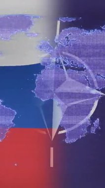 Rus bayrağı ve NATO bayrağı üzerinde hareket eden dijital haritanın animasyonu. Dijital olarak üretilmiş, vatanseverlik, özgürlük, illüstrasyon, haritalama, seyahat, coğrafya ve hükümet kavramı.