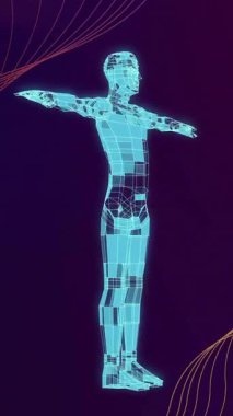 Koyu arkaplanda dönen mavi 3D gövde ve ağ yapısının animasyonu. Soyut, veri, ağ, ai, işleme, zeka, dijital arayüz ve iletişim, dijital olarak oluşturulmuş video.