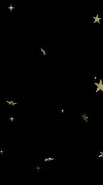 Altın noel yıldızları ve siyah arka planda yanıp sönen ışıklar. Noel, dekorasyon, gelenek ve dijital olarak üretilen video kutlaması.