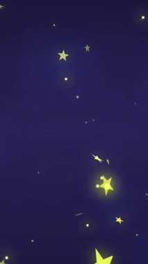 Mavi arka planda sallanan siyah ve altın noel mücevherleri ve sarı yıldızlar, kopyalama alanı. Noel, dekorasyon, gelenek ve dijital olarak üretilen video kutlaması.