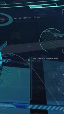 Covid-19 hücresiyle dijital arayüz ve mavi arka planda istatistiksel veri işleme. covid-19 koronavirüs salgını konsepti