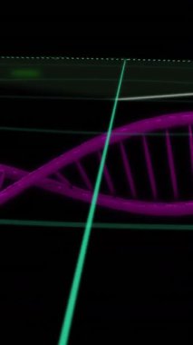 Düşen DNA ipliği ve koyu arkaplanda saatin animasyonu. Dijital olarak oluşturulmuş küresel veri işleme kavramı.