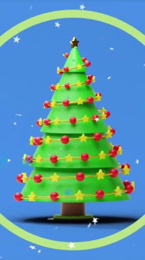 Yıldızların ve Noel ağacının mavi arka planda daireler çizmesi. Noel, kış ve kutlama konsepti dijital olarak oluşturulmuş video.