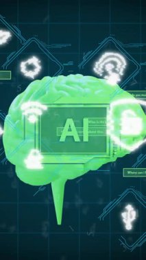 Siyah arkaplan üzerinde ai metin, beyin ve dijital veri işleme animasyonu. Dijital olarak oluşturulmuş küresel yapay zeka, bağlantılar, hesaplama ve veri işleme kavramı.