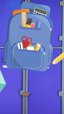 Okul dolaplarına karşı yüzen konsept simgelerinin dijital animasyonu. Okula ve eğitim konseptine dönüş