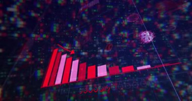 3D ızgarada kırmızı çubuk görünüyor, ok çizimiyle birlikte çubuklar yükseliyor, şekiller yukarı doğru kayıyor. Veri görselleştirme, analitik, fütüristik, dijital, yenilik, sağlık teknolojisi, soyut