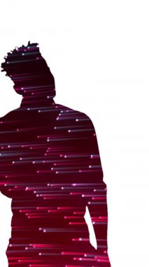 Beyaz arka planda ışık yollarıyla konuşan iş adamının siluetinin animasyonu. Küresel iş, finans ve veri işleme kavramı dijital olarak oluşturulmuş video.