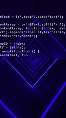 Pembe neon qr kodu ve siyah arkaplanda mavi ışık demetleri üzerinde veri işleme animasyonu. Bağlantı, veri, işleme, dijital arayüz ve iletişim, dijital olarak oluşturulmuş video.