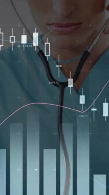 Stetoskop kullanarak, doktor ekrandaki finansal veri analizini inceliyor. Sağlık, teknoloji, finans, analitik, teşhis, izleme