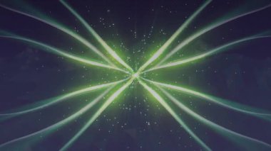 Merkezde beliren yeşil düğüm enerji akışını görselleştirmek için sekiz parıldayan ışın gönderiyor. Fütürist, soyut, enerjik, dinamik, teknoloji, yenilik, dijital