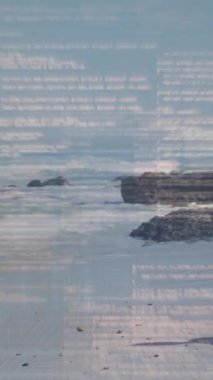 Animation of financial data processing over friends on beach. Global holiday, finance, computing, connections and data processing concept digitally generated video.