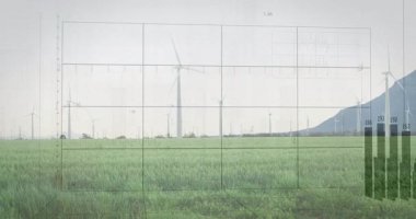 Rüzgar türbin alanının üzerinde görünen şebeke örtüsü dalga biçimlerine ve büyüyen çubukları izleme çıktısına neden oluyor. Yenilenebilir enerji, sürdürülebilirlik, veri görselleştirme, teknoloji, çevre, çevre dostu, analitik