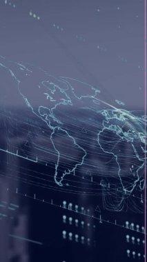 Animation of world map, digital screen with data and cityscape. Computers, network, data and technology concept digitally generated video.