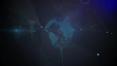 Sönen deniz mavisi Dünya silueti dönen dünyayı canlandırıyor veri düğümlerini ve HUD ağını görüntülüyor. Teknoloji, yenilik, siber alan, bağlantı, dijital, geleceksel, ağ