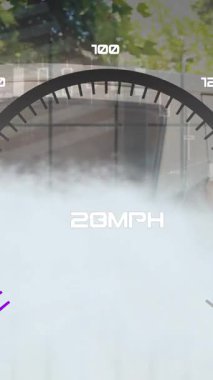 Bir arabanın yanındaki teslimatçı üzerinde hız göstergesi animasyonu. Küresel iş, finans, bağlantılar, teknoloji, veri işleme ve dijital video arayüzü kavramı.