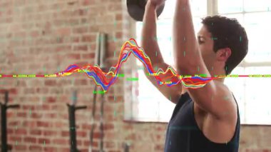 Çekirdeği destekleyen, spor salonunda halteri tutan, güç için kaldıran, dalga biçimi dalgalanan bir adam. Güç, fitness, antrenman, egzersiz, egzersiz, güç, atletizm