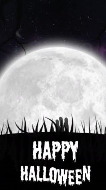 Cadılar Bayramı 'nın mutlu metinleri, mezar taşları ve arka planda dolunay olan ellerin animasyonu. Cadılar bayramı geleneği dijital olarak oluşturulmuş görüntü konsepti.