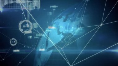 Başlangıçta veri düğümleri saat yönünde dönen 3D küreden sonra, küresel ağı göstermek için çizelgeler canlandırılır. Fütürist, dijital, ağ, görselleştirme, teknoloji, yenilik, analitik