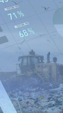 Atık imha alanındaki buldozerin üzerindeki istatistiklerin canlandırması. Çevre, küresel ısınma ve iklim değişikliği kavramı dijital olarak oluşturulmuş video.