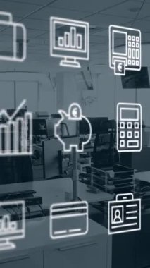 Boş ofise karşı hareket eden çoklu dijital simgelerin canlandırılması. Bilgisayar arayüzü ve iş teknolojisi kavramı