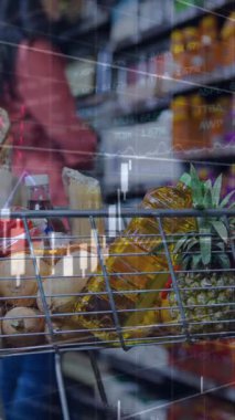 Alışveriş arabasında istatistik ve finansal veri işleme animasyonu. finans, alışveriş, fiyat artışı ve enflasyon kavramı dijital olarak oluşturulmuş video.