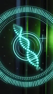 Animation of scope scanning with dna strand and data processing over server room. Global technology and digital interface concept digitally generated video.