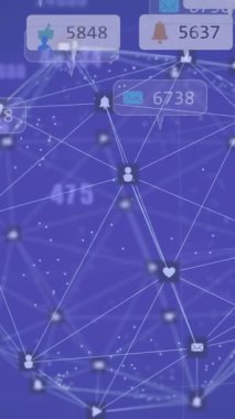 Değişen numaralar üzerine dünyayı oluşturan bildirim çubuklarının ve bağlı simgelerin canlandırılması. Dijital olarak üretilmiş, hologram, iletişim, küreselleşme, büyüme, sosyal medya ve iş konsepti.