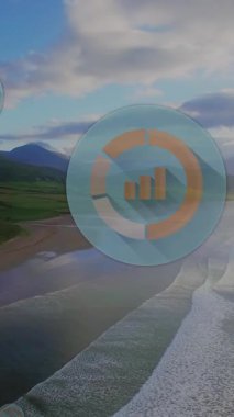 Manzara üzerinde diyagramları olan dairelerin animasyonu. Küresel finansman, iş ve doğa kavramı dijital olarak oluşturulmuş video.