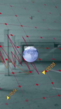 Animation of data, graphs with grids moving on rotating globe against building interior. Digital composite, global business, technology, finance, economy, development, architecture.