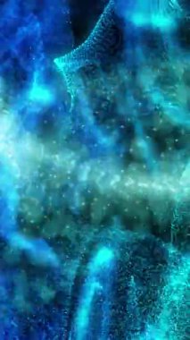 Siyah arkaplanda parlayan nokta ağının üzerindeki mavi buharın animasyonu. hareket, enerji ve biçim, soyut arayüz arkaplan kavramı dijital olarak oluşturulmuş video.