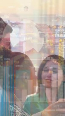 Animation of financial data processing over diverse business people in office. Global networks, computing, business, finance and data processing concept digitally generated video.