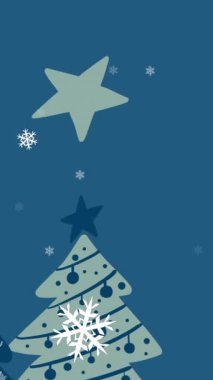 Animation of snow falling over christmas trees and stars on blue background. Christmas, tradition and celebration concept digitally generated video.