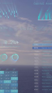 Deniz manzarası üzerinde finansal veri işleme animasyonu. Küresel iş, finans, hesaplama ve veri işleme kavramı dijital olarak oluşturulmuş video.