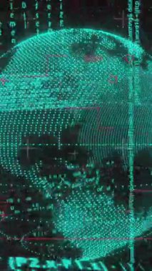 Bilgisayar dilindeki bilgisayar simgelerinin siyah arkaplandaki dünyaya karşı animasyonu. Dijital olarak üretilmiş, hologram, illüstrasyon, tehlikeli, küreselleşme, kodlama ve teknoloji kavramı.