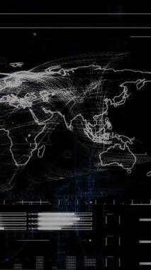 Animation of data processing with light spots on black background. Global technology, computing and digital interface concept digitally generated video.