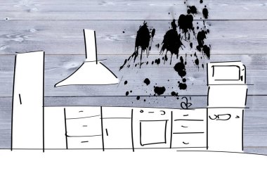 Digitally generated Kitchen sketch with ink splash