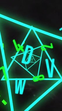 Siyah arkaplanda hareket eden sayılar ve harflerle geometrik neon mavisi şekiller. Vintage renk ve hareket konsepti dijital olarak oluşturuldu.
