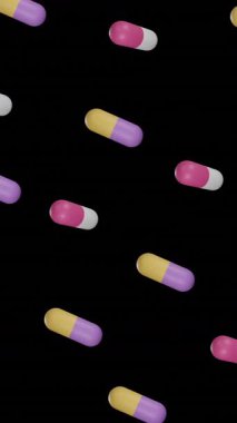 Siyah arka planda yüzen hapların animasyonu. Küresel tıp ve dijital arayüz kavramı dijital olarak oluşturulmuş video.