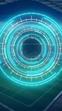 Spor stadyumundaki tarama ve veri işleme dürbünlerinin animasyonu. global spor, rekabet teknolojisi ve dijital arayüz konsepti dijital olarak oluşturulmuş video.