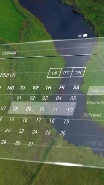 Nehir manzarası üzerinde takvim ile dijital arayüzün animasyonu. Küresel teknoloji, bilgisayar, doğa ve dijital arayüz kavramı dijital olarak oluşturulmuş video.