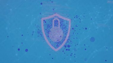 Kalkan başlatılan parçacıklar parmak izine dönüşüyor sonra da güvenliği gösteren ağda çözülüyor. Siber güvenlik, dijital, koruma, şifreleme, teknoloji, fütürizm, soyut