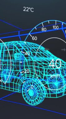 Hız göstergesi ve veri işleme cihazının 3 boyutlu minibüs modelinin üzerinde kusursuz desenli tünele karşı animasyonu. Otomobil mühendisliği ve teknoloji kavramı