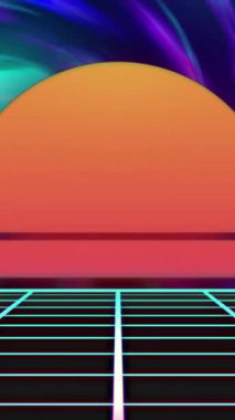 Parlak arka plan ve ızgara üzerinde parlayan turuncu neon güneş animasyonu. desen, renk ve hareket konsepti dijital olarak oluşturulmuş video.