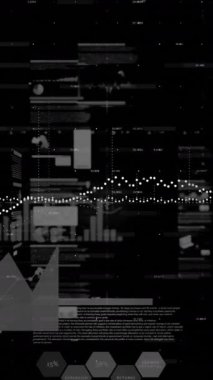 Finansal veri işleme animasyonu, istatistik kaydı, grafik ve grafikler siyah arkaplanda yüzüyor. Küresel finansman dijital olarak oluşturulan imaj